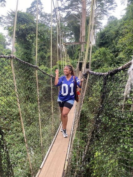 A person walking on a rope bridge surrounded by dense greenery. 2