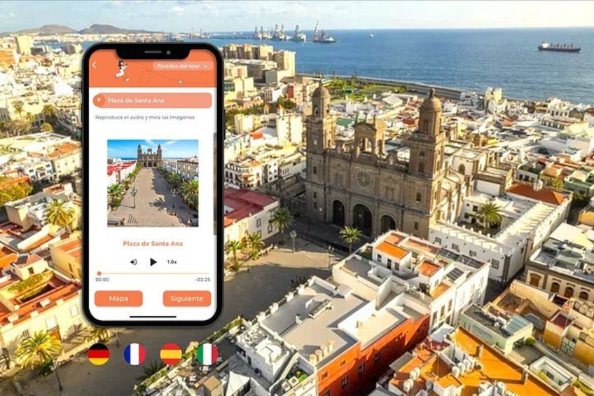 A smartphone displaying a map of Plaza de Santa Ana with audio and images, surrounded by a coastal cityscape. 1