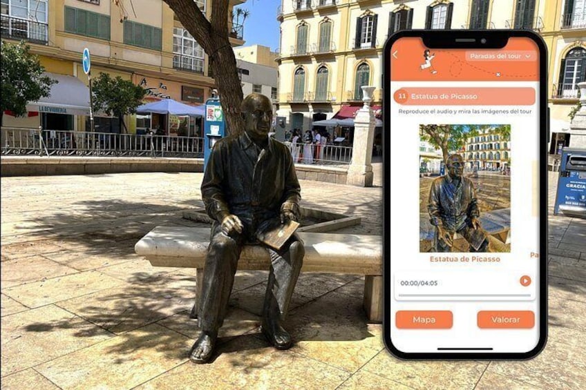 A statue of a seated man, a smartphone displaying a map, and a city street with buildings and a tree. 4