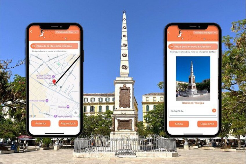 Two smartphones displaying a map and a photo of Plaza de la Merced & Obelisco. 3