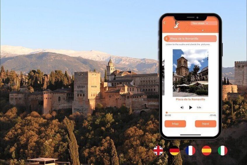 Een smartphone toont een reisapp met een uitzicht op een historisch stadsbeeld, inclusief een opvallende toren en kasteel. 1