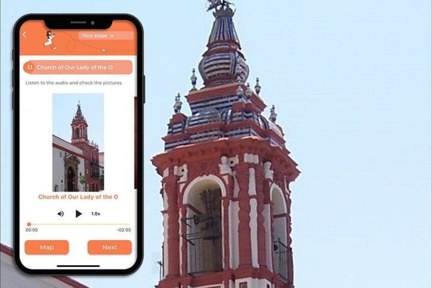 Ein Smartphone zeigt eine Touristenattraktion für die Kirche Unserer Lieben Frau vom Öl, mit einem Play-Button, einem Karten-Button und einem Weiter-Button. 3