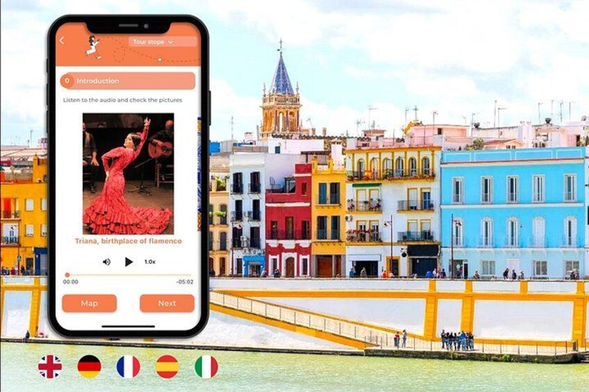 Ein Smartphone zeigt eine Touristenattraktion mit einem farbenfrohen Gebäude und einer Brücke im Hintergrund. 1