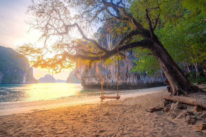 A beach with a swing, clear water, and rocky cliffs. 1