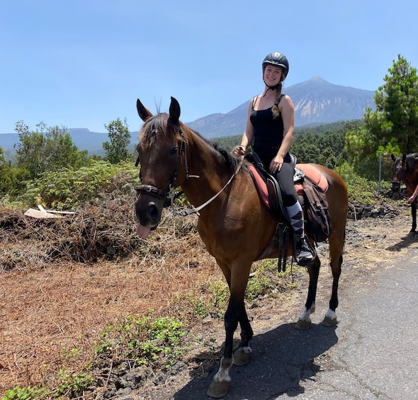 A person riding a horse on a road with a mountainous landscape in the background. 5