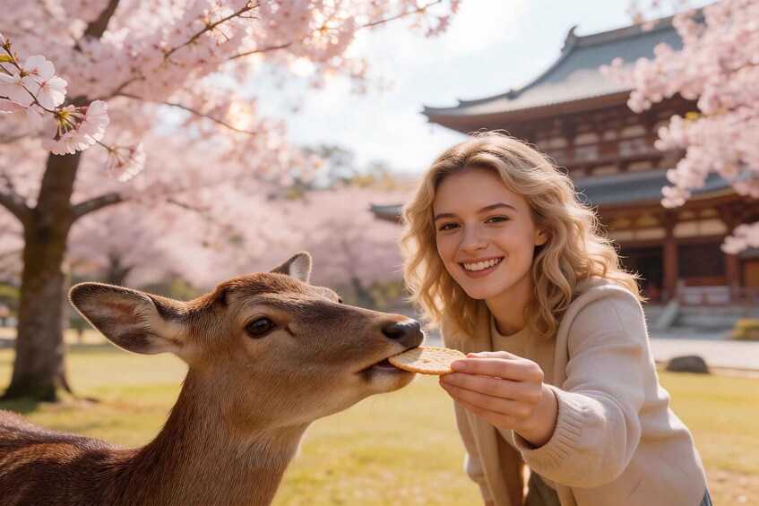 A person feeding a deer in a park with cherry blossoms and traditional architecture in the background. 1