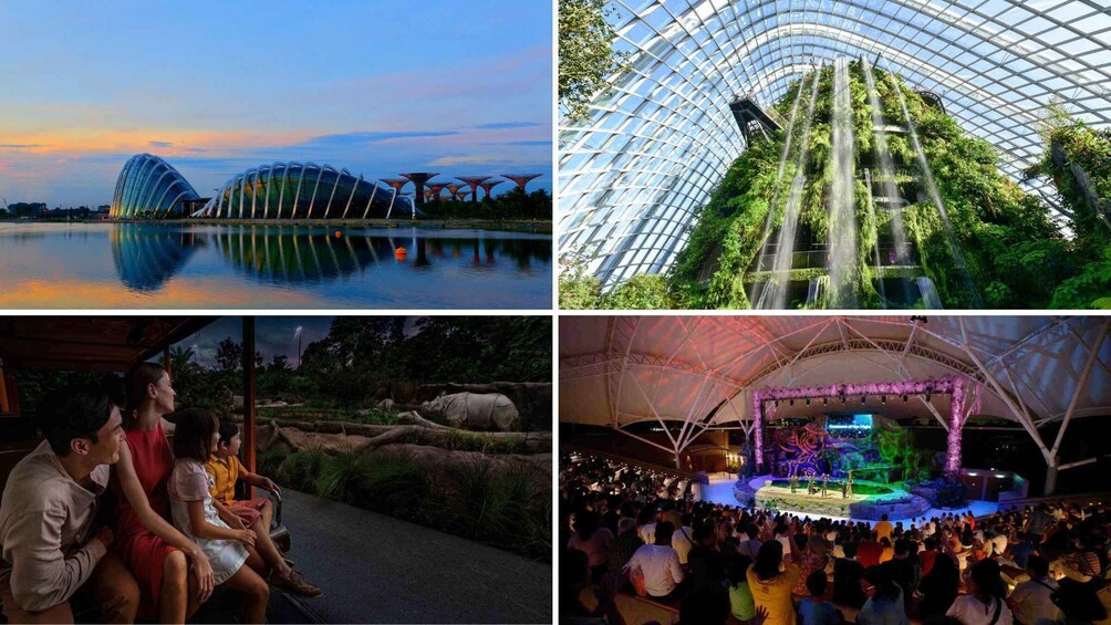 A modern building with a unique design, a large indoor garden with a waterfall, a naturalistic landscape with rocks and plants, and a crowded event with a stage and audience. 1