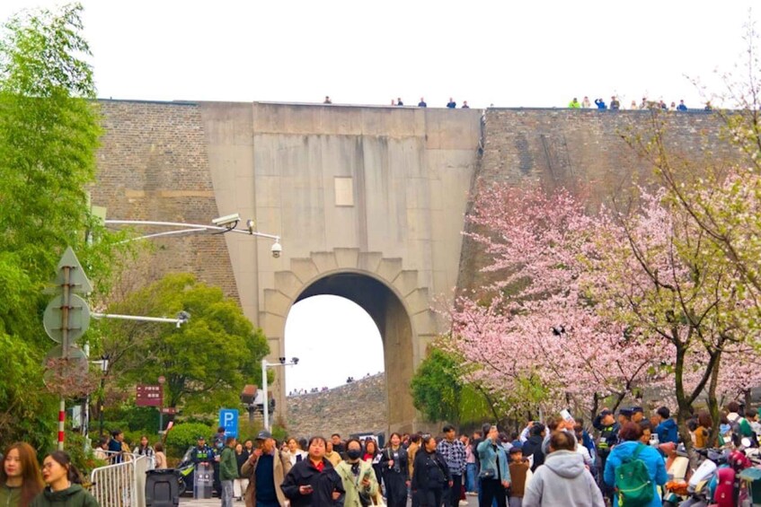 A crowd of people walking under a stone archway with cherry blossoms. 2