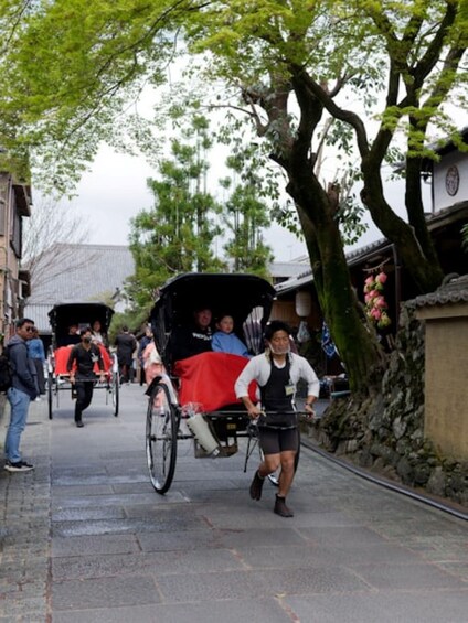 A street with people riding bicycles and a horse-drawn carriage. 5