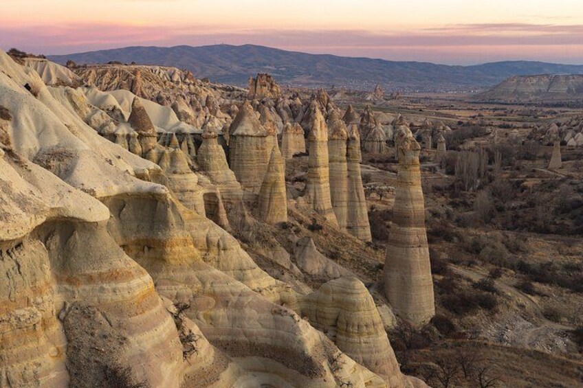 A landscape of tall, narrow rock formations with a distant mountain range. 1