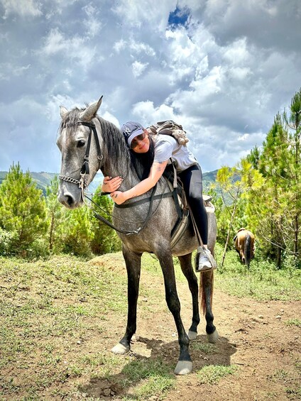 A person riding a horse on a dirt path with pine trees and mountains in the background. 3