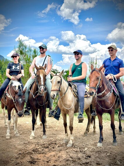Four people riding horses on a dirt path with trees and a blue sky in the background. 2