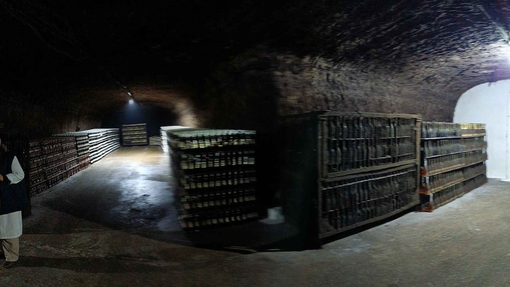 A dimly lit underground storage area with shelves lined with bottles. 5