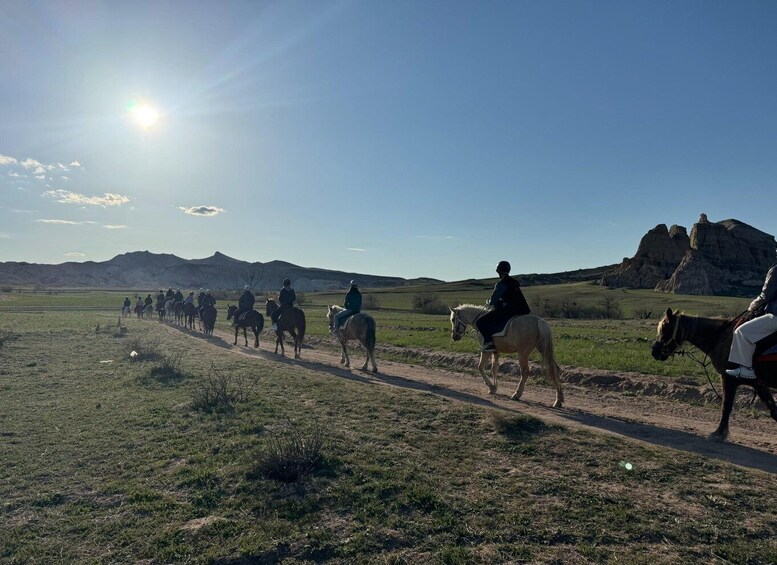 A group of people horseback riding along a dirt path in a grassy field with mountains in the background. 2