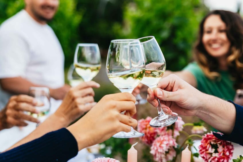 People toasting with white wine glasses at an outdoor gathering. 5