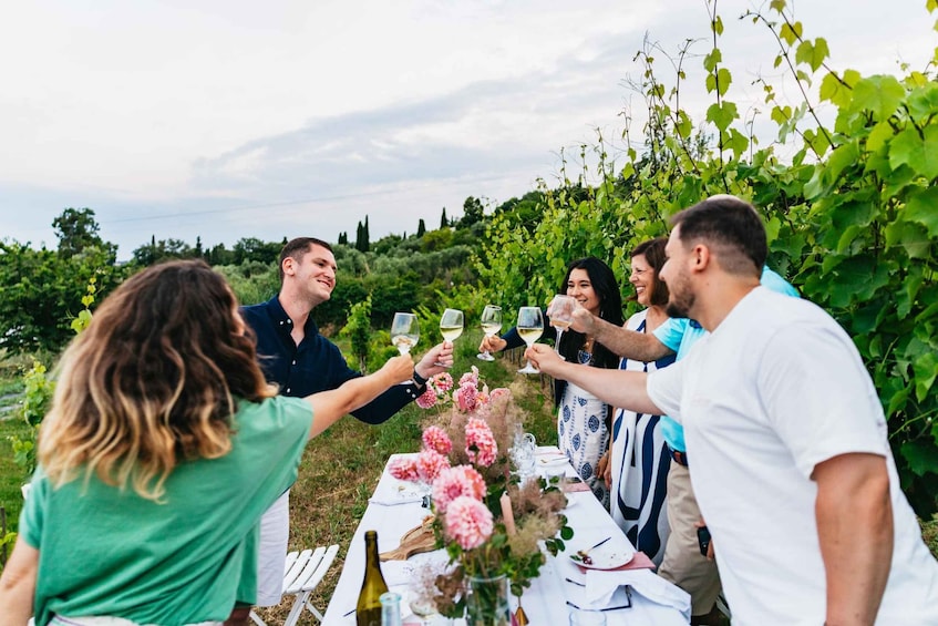 A group of people toasting with wine glasses at a table outdoors, surrounded by greenery. 1