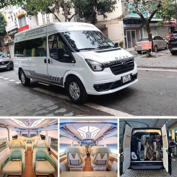 A white van with 'VIP LOUNGE' on the side parked on a street. 2