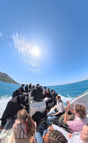 A group of people on a boat with a clear sky and calm sea. 4