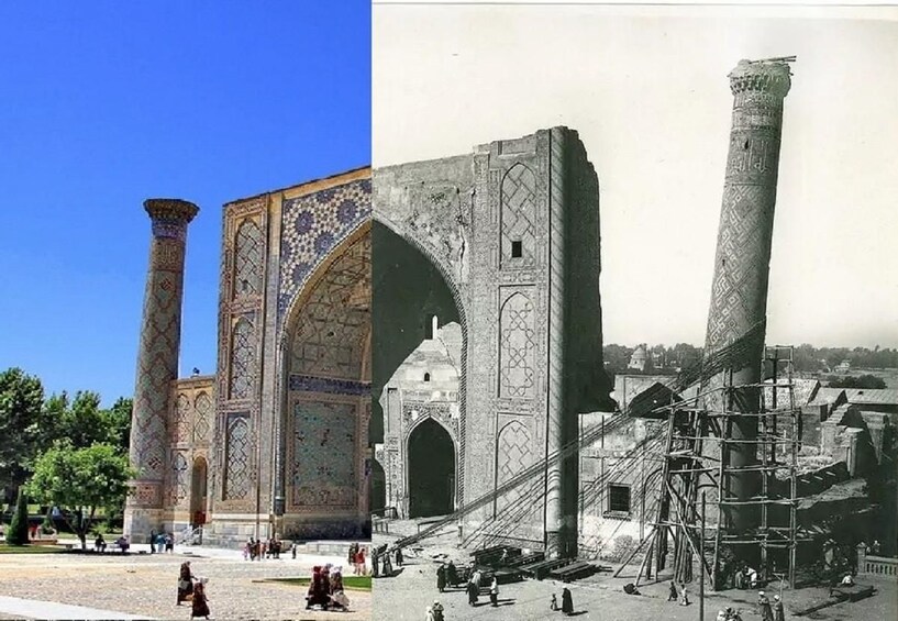 A historical building with intricate tile work and a large archway. 3