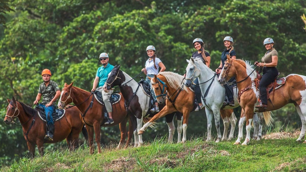 A group of people on horseback in a grassy field with trees in the background. 1