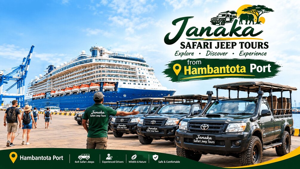 A cruise ship docked at Hambantota Port with safari jeeps lined up for tours. 1