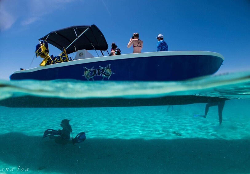 A boat with people on board and a diver underwater. 5