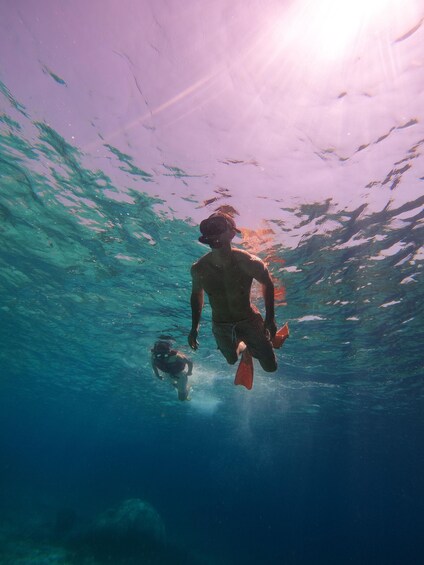 A person swimming underwater with fins. 4