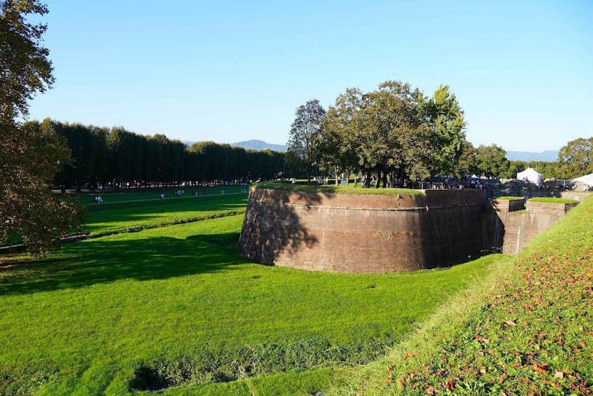 A large brick fort surrounded by a grassy field and trees. 5