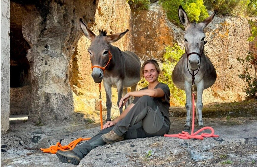 A person sitting on a rock with two donkey statues. 1