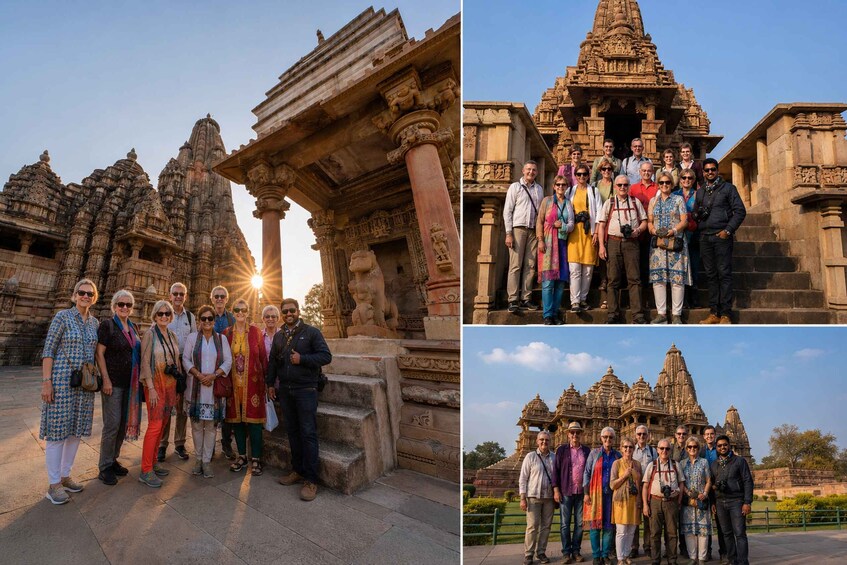 A group of people standing in front of a temple with intricate carvings and a large column. 5