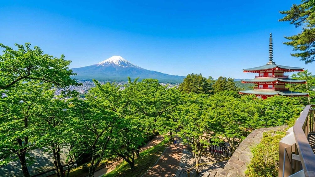 A pagoda, Mount Fuji, and lush greenery. 1