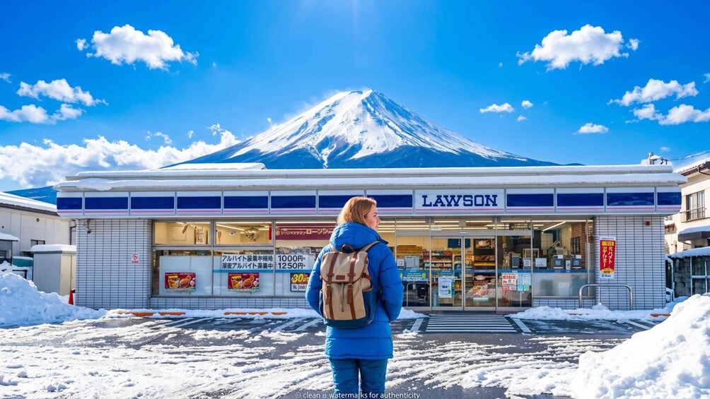 A person standing in front of a Lawson store with a snow-covered mountain in the background. 5