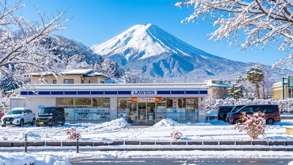 A building with a sign reading 'LAWSON' in front of a snow-covered mountain. 4