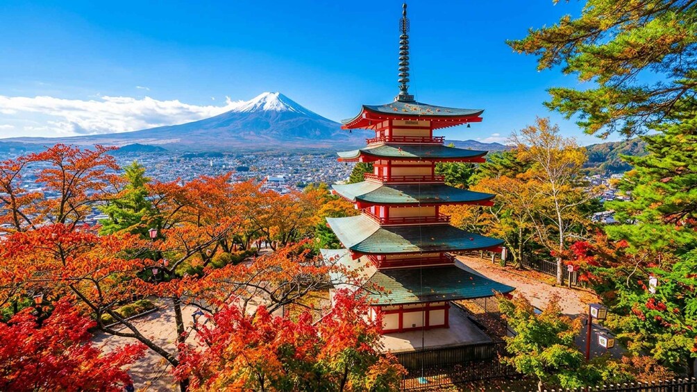 A pagoda with a snow-capped mountain in the background. 2