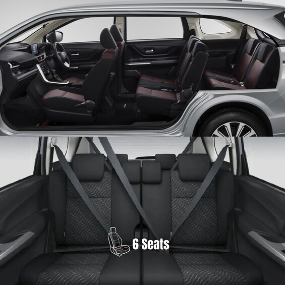 A car interior with black seats and a 6-seater configuration. 5