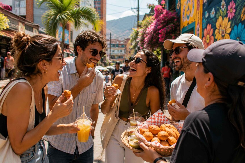 A group of people enjoying street food and drinks in a vibrant urban setting. 1