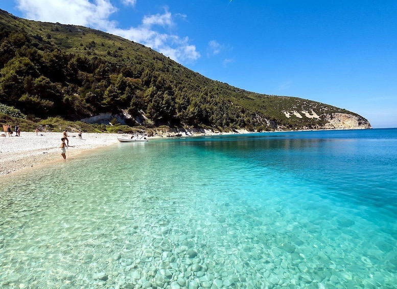 A clear turquoise sea, a sandy beach, and a green hillside. 1