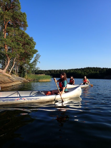 Three canoes on a calm lake with trees on the shore. 1