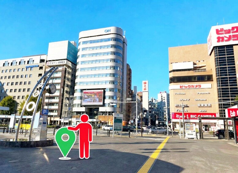 A city street with modern buildings, a bus stop, and a location marker. 3