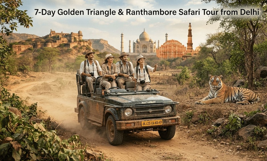 A jeep with four people on a dirt road, a tiger in the foreground, and historical buildings in the background. 1