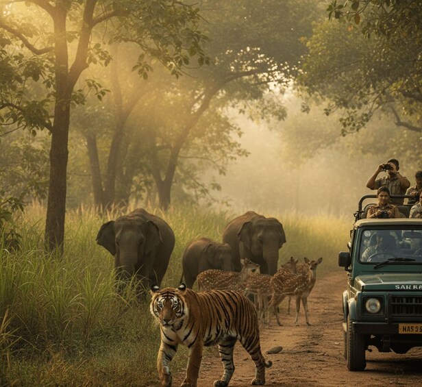 A safari vehicle, a tiger, elephants, and antelopes in a grassy area with trees. 5
