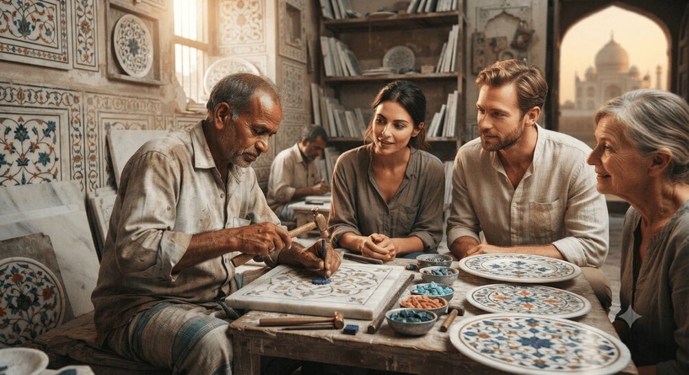 A group of people engaged in pottery making, surrounded by various pottery items and tools. 2