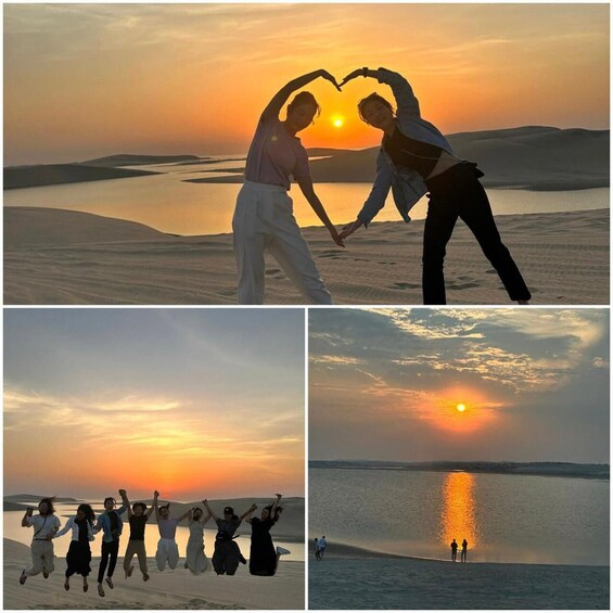 A sunset over a desert landscape with people making heart shapes and jumping. 5