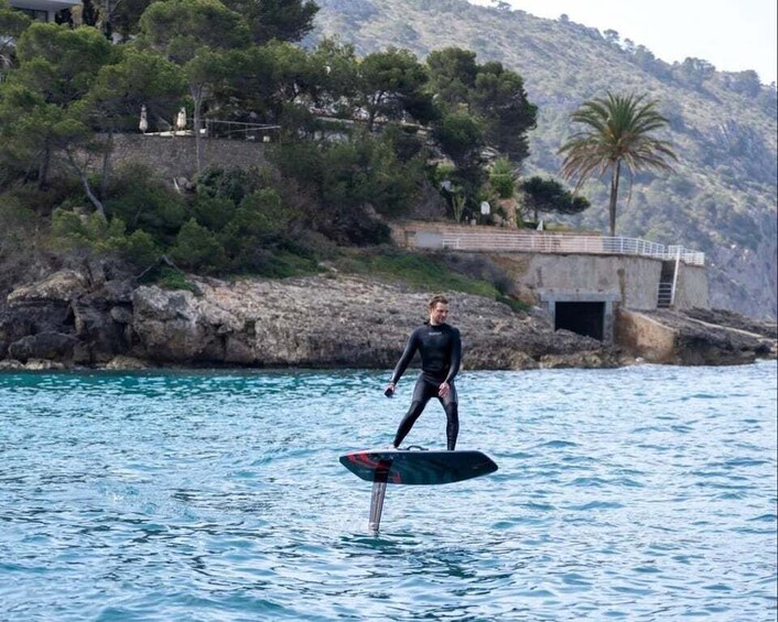 A person in a wetsuit standing on a surfboard in calm water with a rocky shoreline and trees in the background. 2