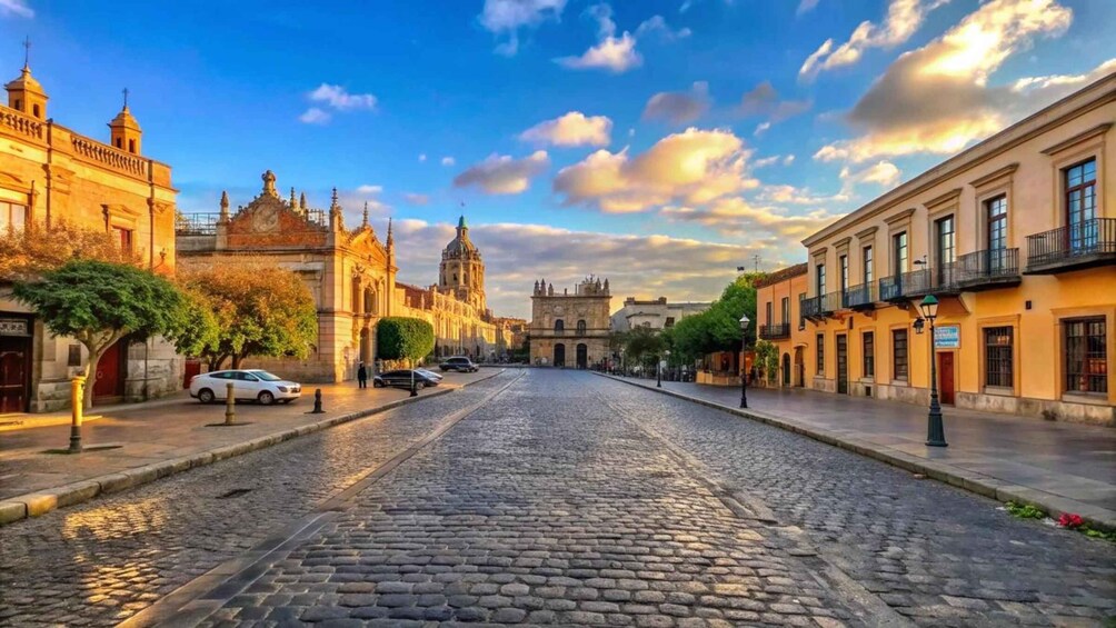 A cobblestone street lined with historic buildings and a prominent church. 3