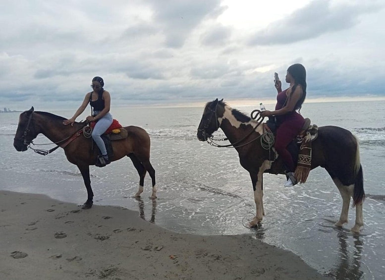 Two people riding horses on a beach with the ocean in the background. 4
