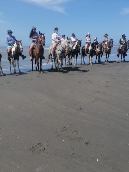 A group of people riding horses on a beach. 1