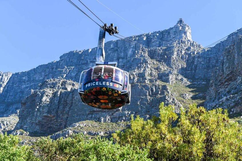 A cable car labeled "PRICELESS" suspended between mountains. 1