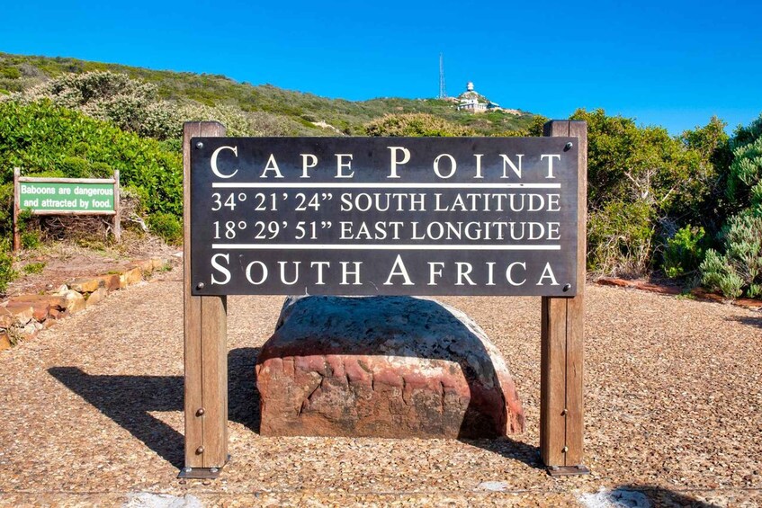 A sign at Cape Point with coordinates 34°21'24" South Latitude and 18°29'51" East Longitude in South Africa. 5