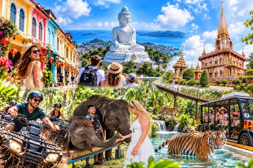 A Buddha statue, a temple, a cityscape, elephants, and a tiger in a pool. 1
